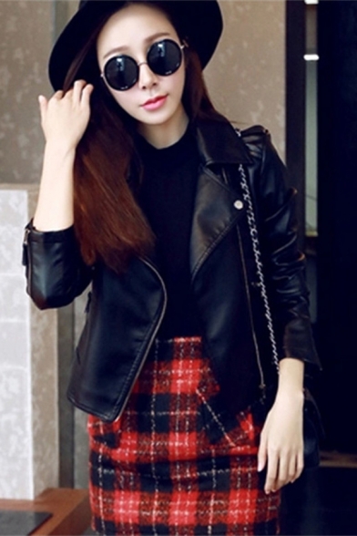 Chic Girls Leather Jacket Long Sleeve Notched Collar Zip Up Regular Jacket in Black
