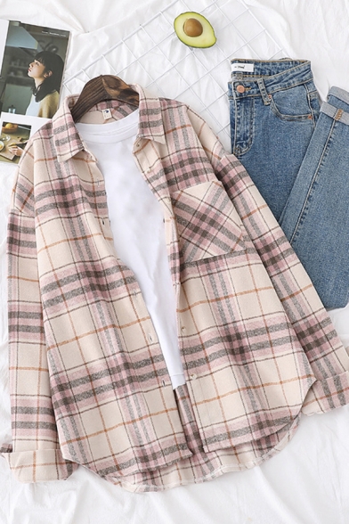 Classic Shirt Plaid Pattern Long Sleeve Point Collar Button Up Relaxed Shirt for Women