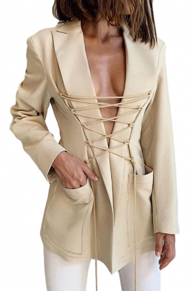 Designer Blazer Long Sleeve Notched Collar Lace Up Front Regular Fit Blazer Top for Women