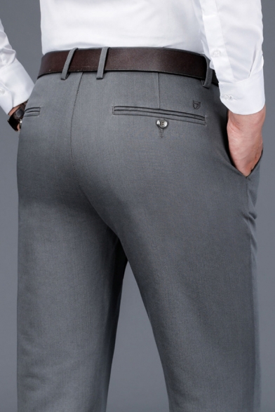 Elegant Men's Pants Solid Color Mid Waist Side Pocket Long Straight Suit Pants