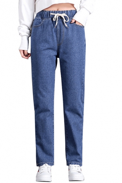 Elegant Women's Jeans Side Pocket Elastic Drawstring Waist Ankle Length Jeans with Washing Effect