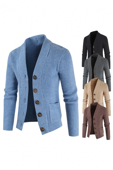 Fancy Men's Cardigan Solid Color Rib Knitted Front Pockets Button-down Long-sleeved Slim Fitted Cardigan