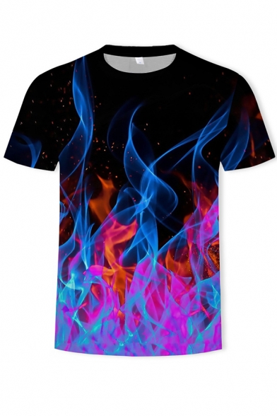 Fancy Men's Tee Top Fire 3D Print Crew Neck Short-sleeved Regular Fitted T-Shirt