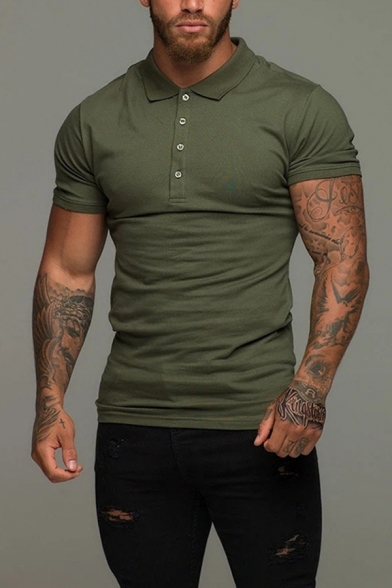 Fancy Mens Polo Shirt Solid Color Button Detail Turn-down Collar Short Sleeves Slim Fitted Polo Shirt