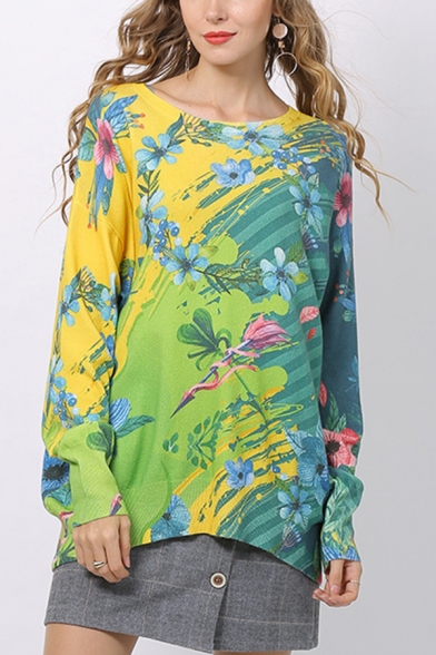 Fancy Top Flower Pattern Long Sleeve Round Neck Relaxed Fit Knit Top in Green