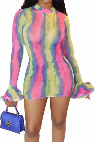 Fancy Women's Bodycon Dress Transparent Detail Butterfly Tie Dye Graphic Pattern Mock Neck Long Flare Cuff Sleeves Slim Fitted Mini Bodycon Dress