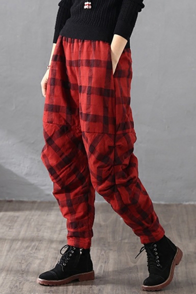 Fancy Women's Pants Plaid Pattern Pleated Detailed Side Pockets Elastic Waist Brushed Inside Full Length Tapered Pants