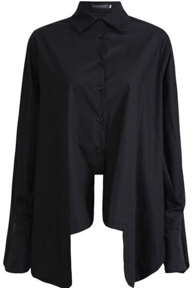 Fancy Women's Shirt Plain Button Fly Point Collar Scalloped Hem Long Puff Sleeves Relaxed Fit Shirt