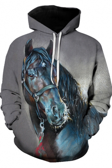 Fashion Mens Hoodie Horse 3D Pattern Long Sleeve Drawstring Pouch Pocket Loose Hoodie