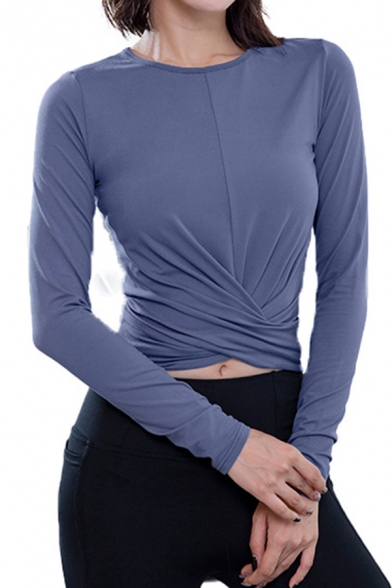 Gym Tee Top Plain Quick Dry Long Sleeve Crew Neck Twist Front Fit Crop T Shirt for Ladies