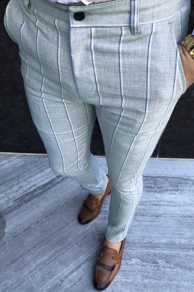 Leisure Men's Pants Stripe Pattern Mid Waist Side Pocket Ankle Length Skinny Pants