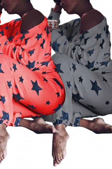 Leisure Set All Over Star Print Long Sleeve Crew Neck Relaxed Tee & Tapered Fit Pants Set