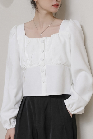 Leisure Women's Shirt Blouse Solid Color Button Fly Pleated Square Neck Long Puff Sleeves Regular Fitted Shirt Blouse