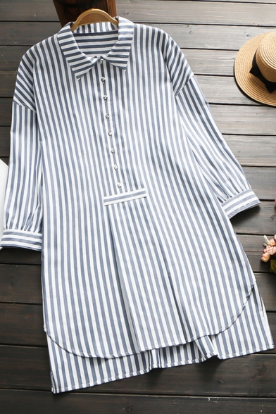 Leisure Women's Shirt Stripe Pattern Button Front Point Collar High-Low Long Sleeves Side Split Tunic Pullover Shirt