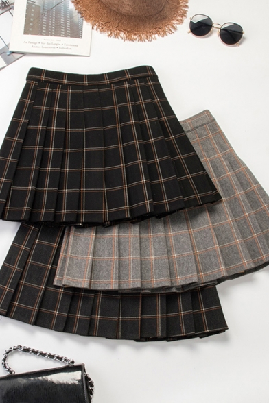 Leisure Womens Skirt Plaid Pattern High Rise Pleated Invisible Zipper Mini Skirt