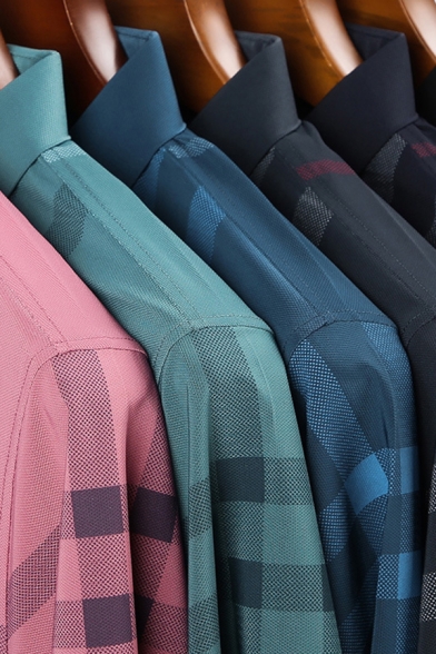 Mens Business Polo Shirt Fashionable Plaid Stripe Pattern Ice Silk Button Detail Short Sleeve Turn-down Collar Slim Fit Polo Shirt