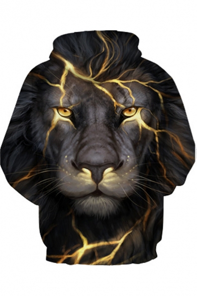 Mens Hoodie Long Sleeve Drawstring Lightning Lion 3D Pattern Pouch Pocket Relaxed Stylish Hoodie in Black-gold