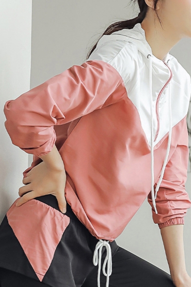 Popular Womens Jacket Colorblock Long Sleeve Zip Up Drawstring Relaxed Jacket