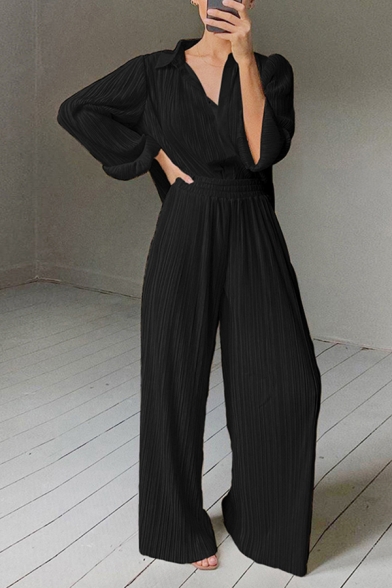 Popular Womens Set Solid Color Long Sleeve Spread Collar Button Up Relaxed Shirt & Long Wide-leg Pants Set