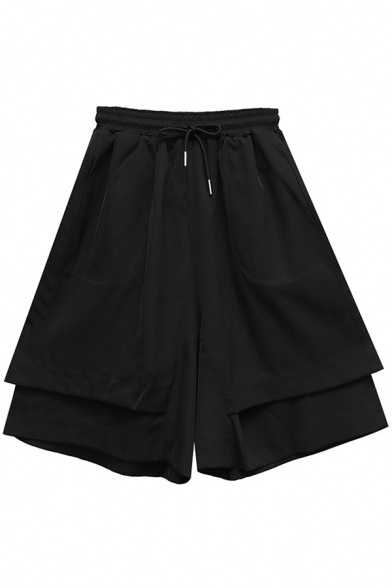 Popular Womens Shorts Bi-layered Drawstring Waist Wide-leg Shorts in Black