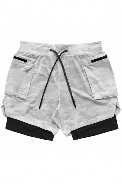 rendy Mens Shorts Zip Pocket Split Hem Drawstring Elastic Waist Camo Printed Pattern Regular Fitted Fully Lined Double-Layered Training Shorts