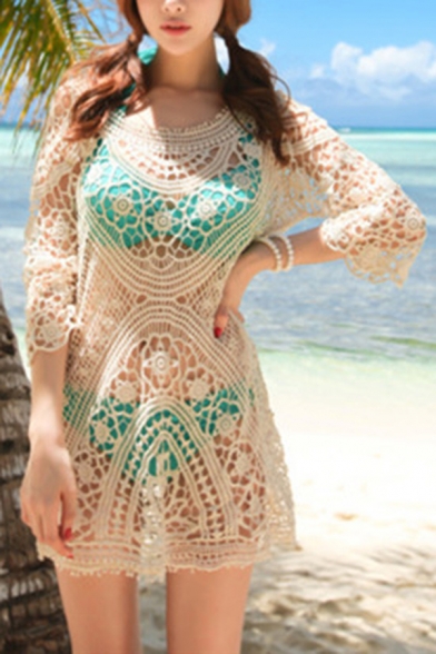 Retro Womens Dress Hollow out Crochet Lace Crew Neck 3/4 Sleeve Regular Fitted Mini Beach Cover up Dress