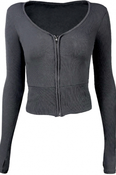 Sexy Womens Plain Long Sleeve Deep V-neck Zipper Front Fitted Crop Jacket