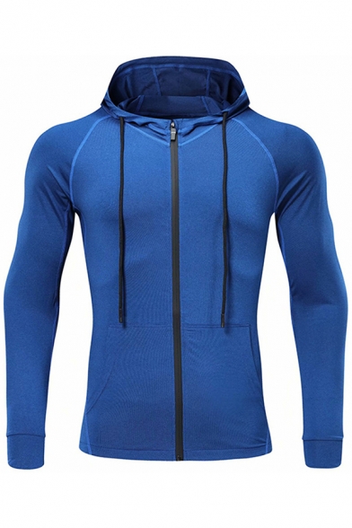 Stylish Men's Hoodie Flatlock Stitching Zip Fly Front Pocket Long Sleeves Drawstring Hooded Sweatshirt