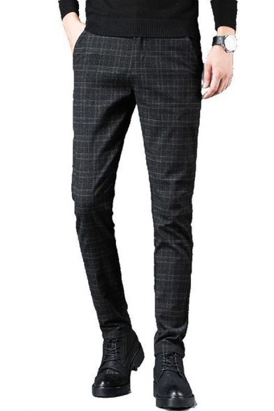 Stylish Thick Men's Pants Plaid Pattern Brushed Inside Side Pocket Zip Fly Long Straight Pants