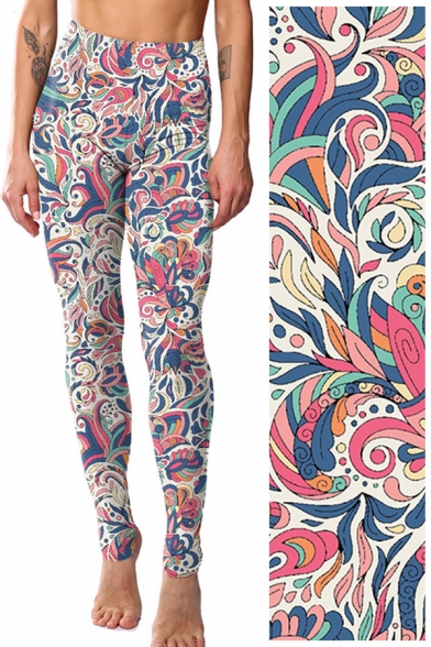 Stylish Womens Leggings Multi Color Paisley Floral Print High Waist Ankle Length Skinny Leggings