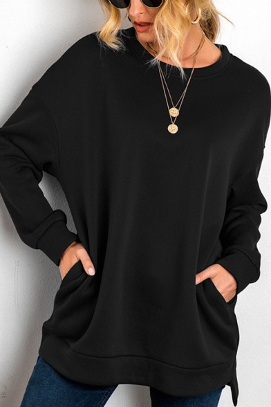 Stylish Womens Sweatshirt Solid Color Long Sleeve Crew Neck Relaxed Pullover Sweatshirt