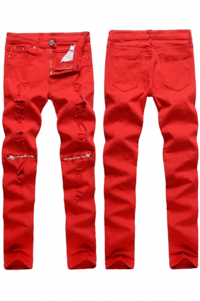 Trendy Men's Pants Distressed Hole Frayed Zip Detail Side Pockets Mid Waist Long Skinny Pants