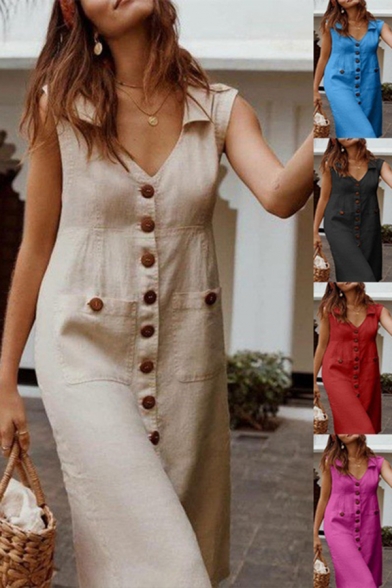 Trendy Women's Shirt Dress Solid Color Button-down Front Pocket Spread Collar Sleeveless Relaxed Fit Shirt Dress
