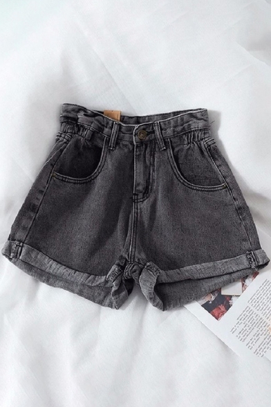 Trendy Women's Shorts Faded Wash Zip Fly Side Pocket Rolled Hem Shorts