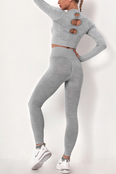 Women's Training Set Camo Printed Long-sleeved Tee Top with High Waist Skinny Leggings