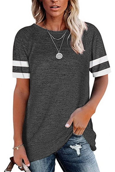 Womens T Shirt Varsity Stripe Printed Short Sleeve Crew Neck Relaxed Casual T Shirt