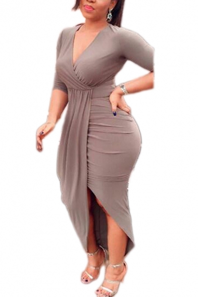 Basic Women's Bodycon Dress Solid Color Wrap Front Half Sleeves Asymetrical Hem Fitted Midi Bodycon Dress