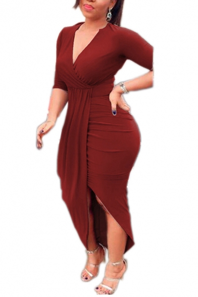 Basic Women's Bodycon Dress Solid Color Wrap Front Half Sleeves Asymetrical Hem Fitted Midi Bodycon Dress