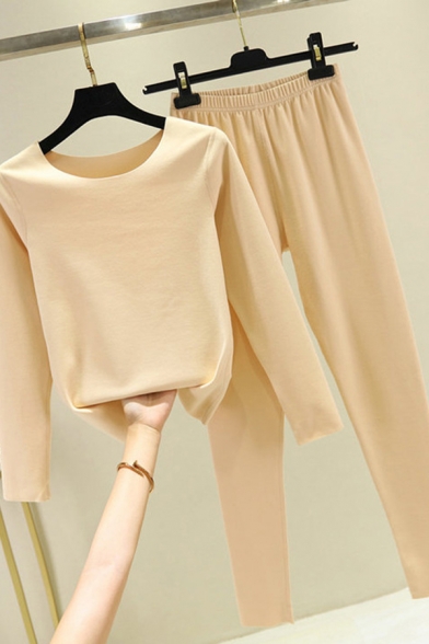 Casual Women's Set Solid Color Warmth Raw Hem Round Neck Long Sleeves Slim Fitted Tee Top with Elastic Waist Long Pants Bottoming Co-ords