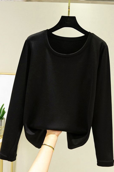 Casual Women's Tee Top Plain Crew Neck Long-sleeved Regular Fitted Bottoming T-Shirt