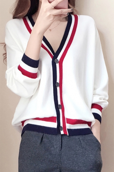 Contrast Striped Trim V Neck Button Placket Long Sleeve Casual Cardigan