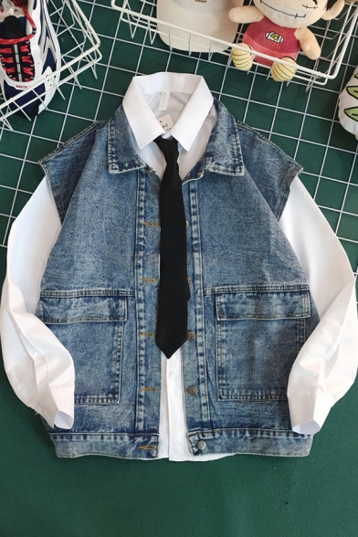 Cool Boys Vest Spread Collar Button Up Flap Pockets Relaxed Plain Denim Vest