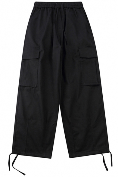 Fancy Men's Pants Plain Flap Pocket Drawstring Elastic Waist Wide Leg Pants