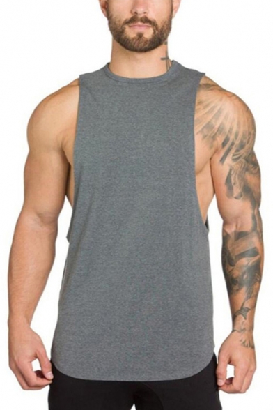 Fancy Mens Workout Tank Top Solid Color Armhole Sleeveless Regular Fitted Training Tank Top