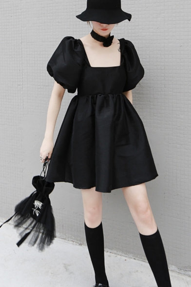 Fancy Women's Dress Solid Color Pleated Lace up Detail Square Neck Short Puff Sleeves Hollow out Mini A-Line Dress