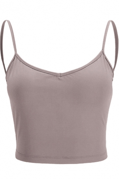 Fancy Women's Yoga Tank Top Chest Pads Solid Color Backless Scoop Neck Sleeveless Cropped Fitted Fitness Cami Top