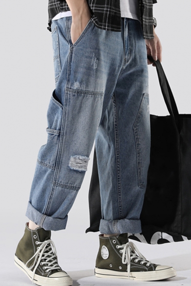Fashion Mens Jeans Patched Distressed Mid Waist Roll Up Cuffs Ankle Straight Jeans in Light Blue