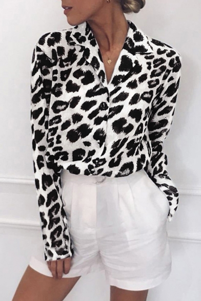 Formal Womens Shirt Leopard Pattern Long Sleeve Lapel Neck Button-up Relaxed Shirt Top