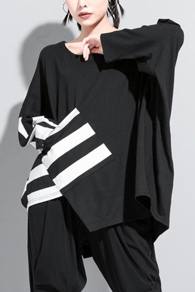 Girls Designer Tee Top Stripe Patched Asymmetric Hem Batwing Sleeve Round Neck Oversize T Shirt in Black