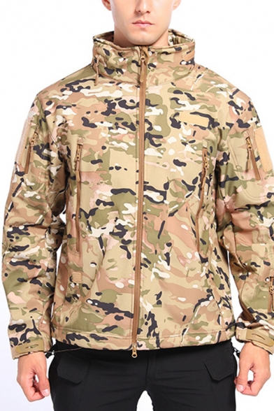 Guys Leisure Jacket Long Sleeve Stand Collar Camo Print Zipper Front Relaxed Fit Jacket